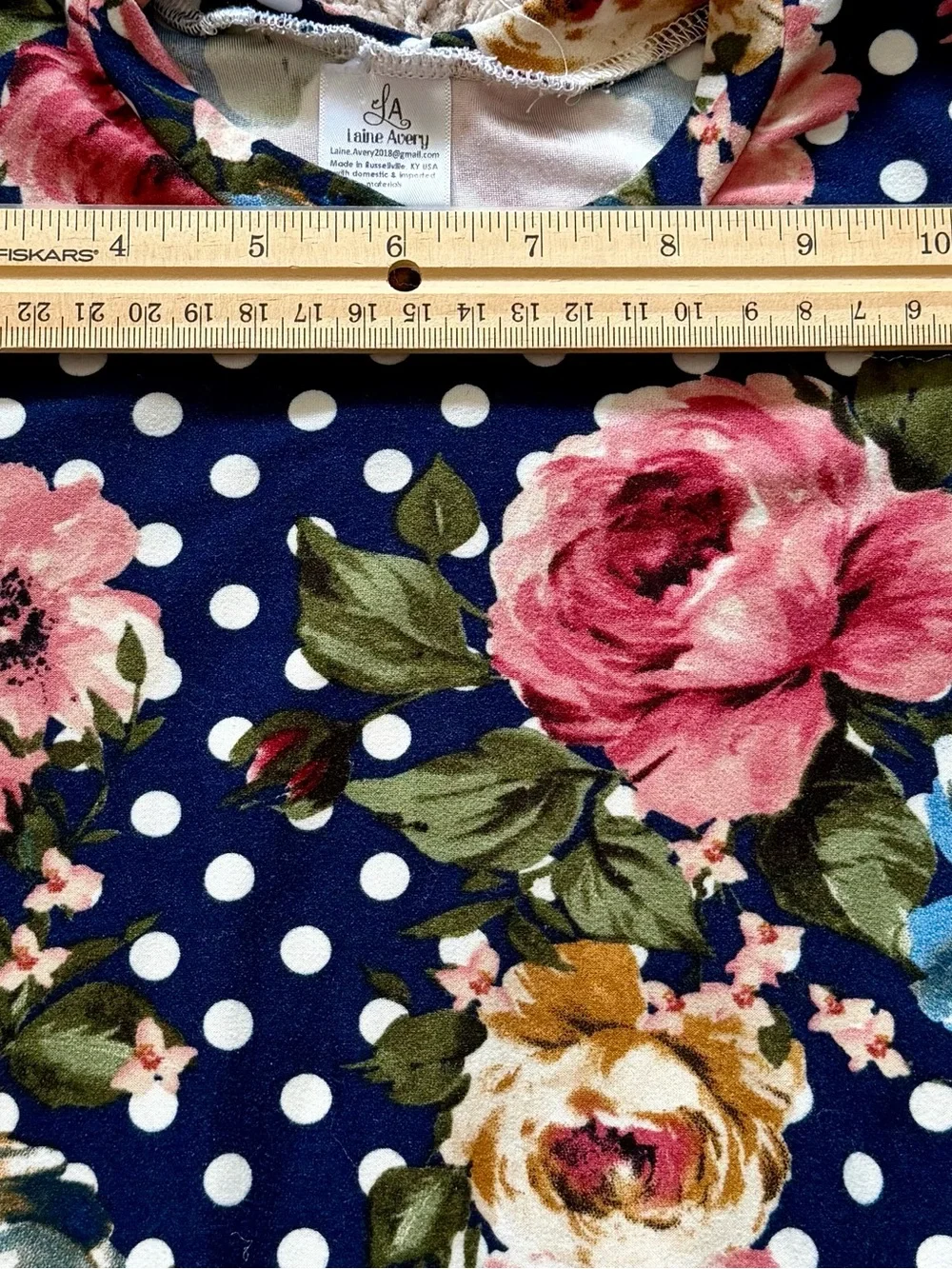 Handmade Laine Avery Navy Floral Polka Dot Swing Dress with Pink Accents